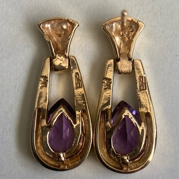Beautiful Solid 14KG Teardrop Faceted  Amethyst Stone Dangle Earrings. Elegant! - Picture 5 of 8